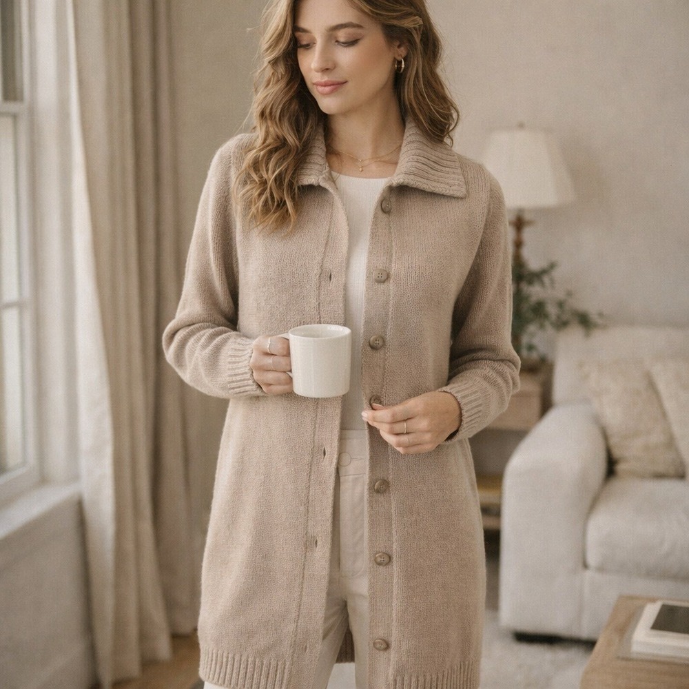J.Crew Knit Button Front Longline Cardigan Sweater Collared Taupe Medium